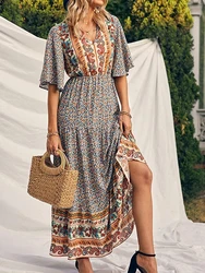 Kobiety Boho nadruk Retro długa sukienka z krótkim rękawem dekolt w serek sukienki z wysokim stanem letnie sukienka letnia na święta plażowe w stylu etnicznym