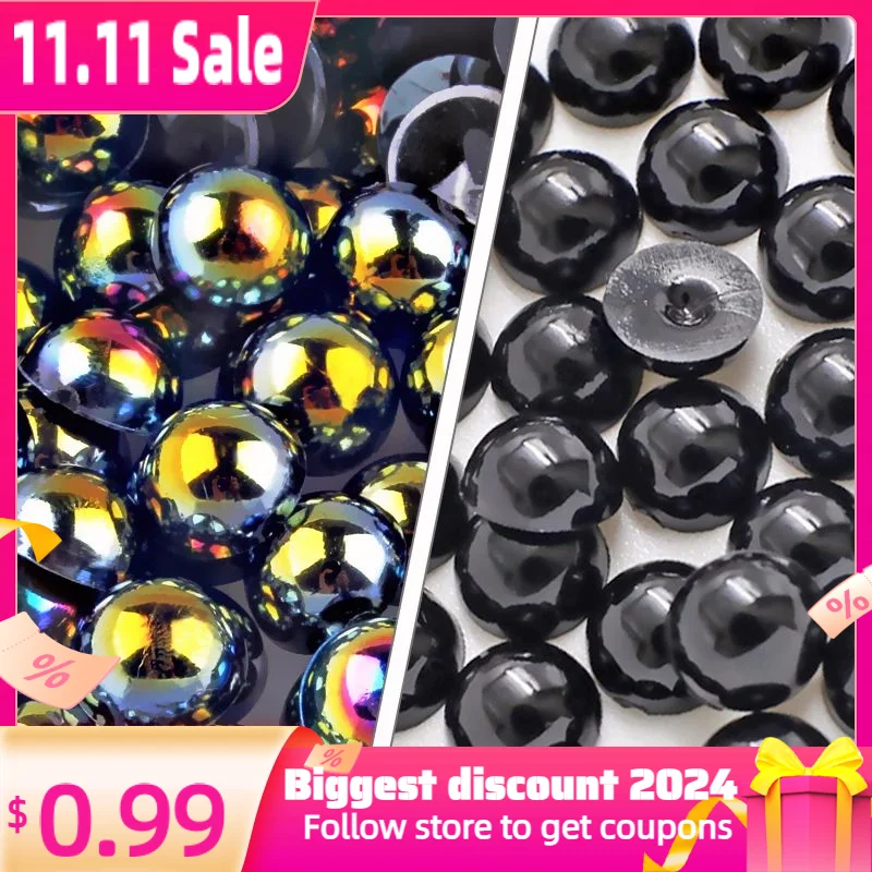 Jet Black AB Mix Sizes 2/3/4/6/8/10mm Half Round Imitation Pearl Resin Plastic Loose Flat Back Beads For DIY Nail Garment Crafts