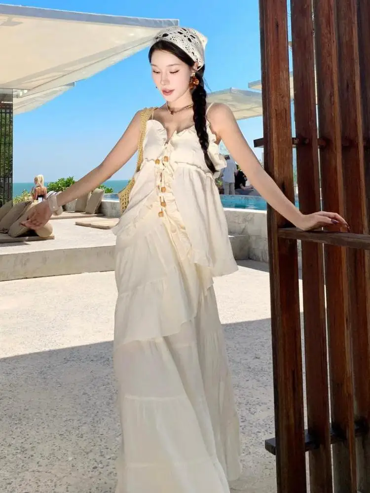 

Vintage Women Summer Beige V Neck Elegant Sexy Backless Ruffle Edge Lace-up Slip Tops + High Waist Long Skirt Two-piece Set Chic