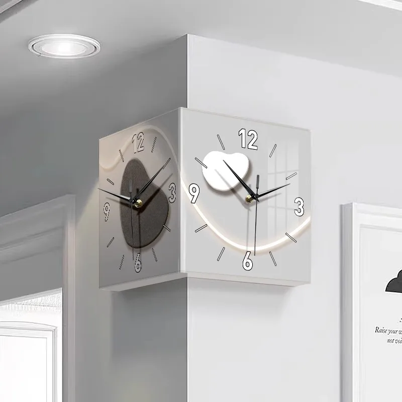 Time comes and goes, wall clock, living room advanced sense, no punching, corner double-sided creative clock led light wall