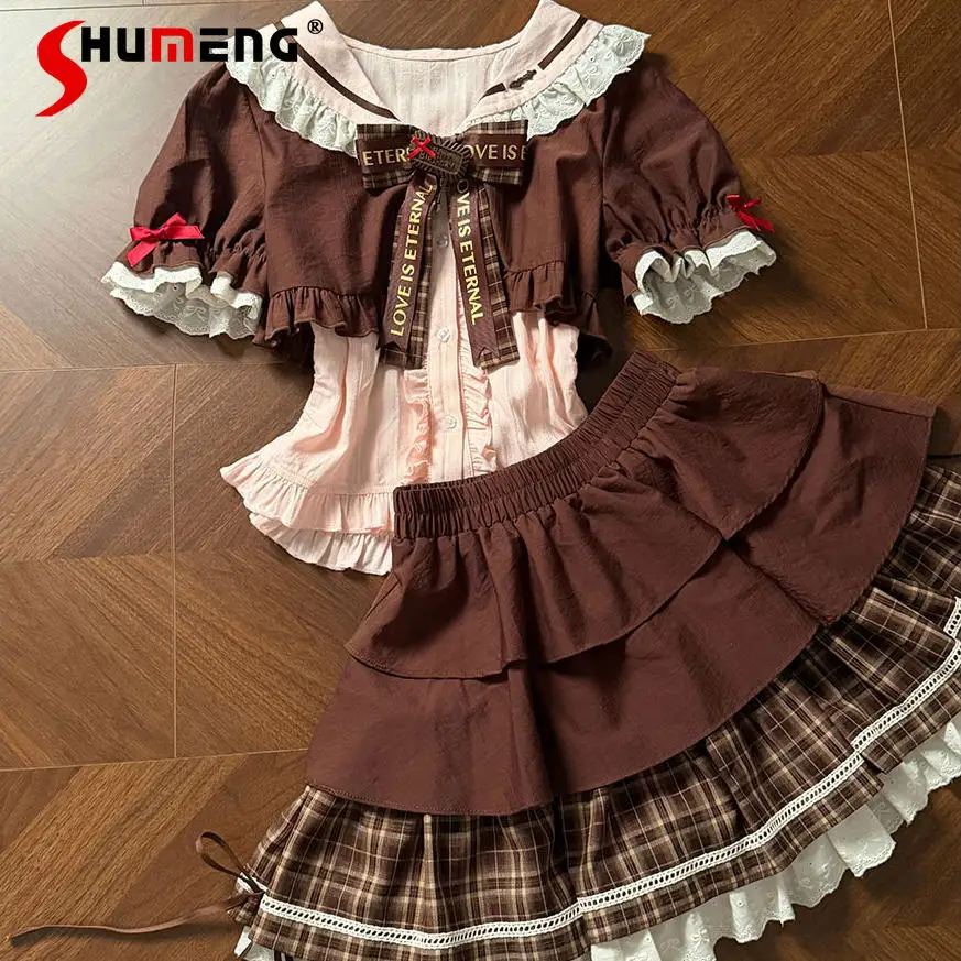 

Оригинальный ретро-комплект с клетчатой юбкой: весенне-летний комплект в стиле Лолита для милых девушек, рубашка с коротким рукавом и короткая юбка, комплект из 2 предметов, женский наряд в стиле Y2K