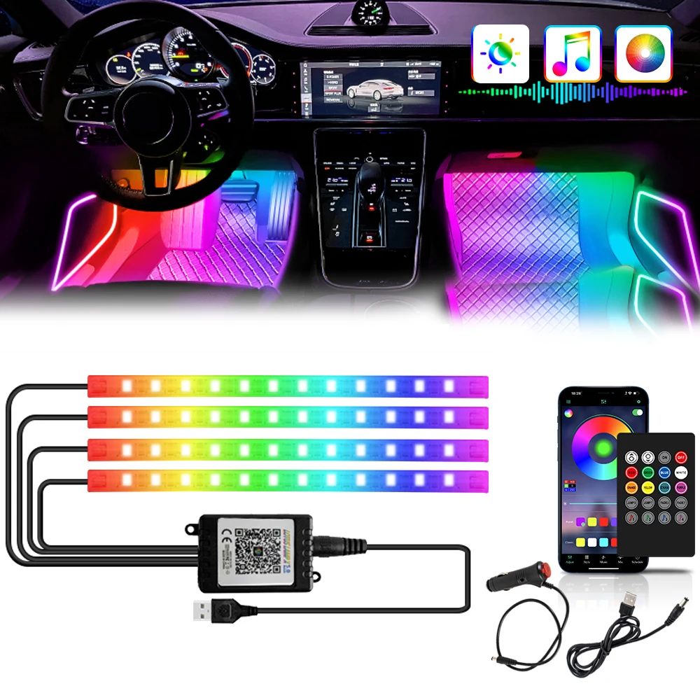 LED Auto Atmosphäre Licht USB Zigarette mit Fernbedienung Stimme APP Steuerung Wasserdichte RGB Auto Innen Lampe Musik Licht Streifen