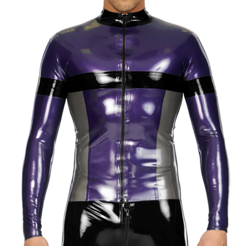 Purple With Silver Black Trims Sexy Latex Racer Jacket Zipper At Front Long Sleeve Rubber Blouson Shirts Tops Clothes Coat  0227