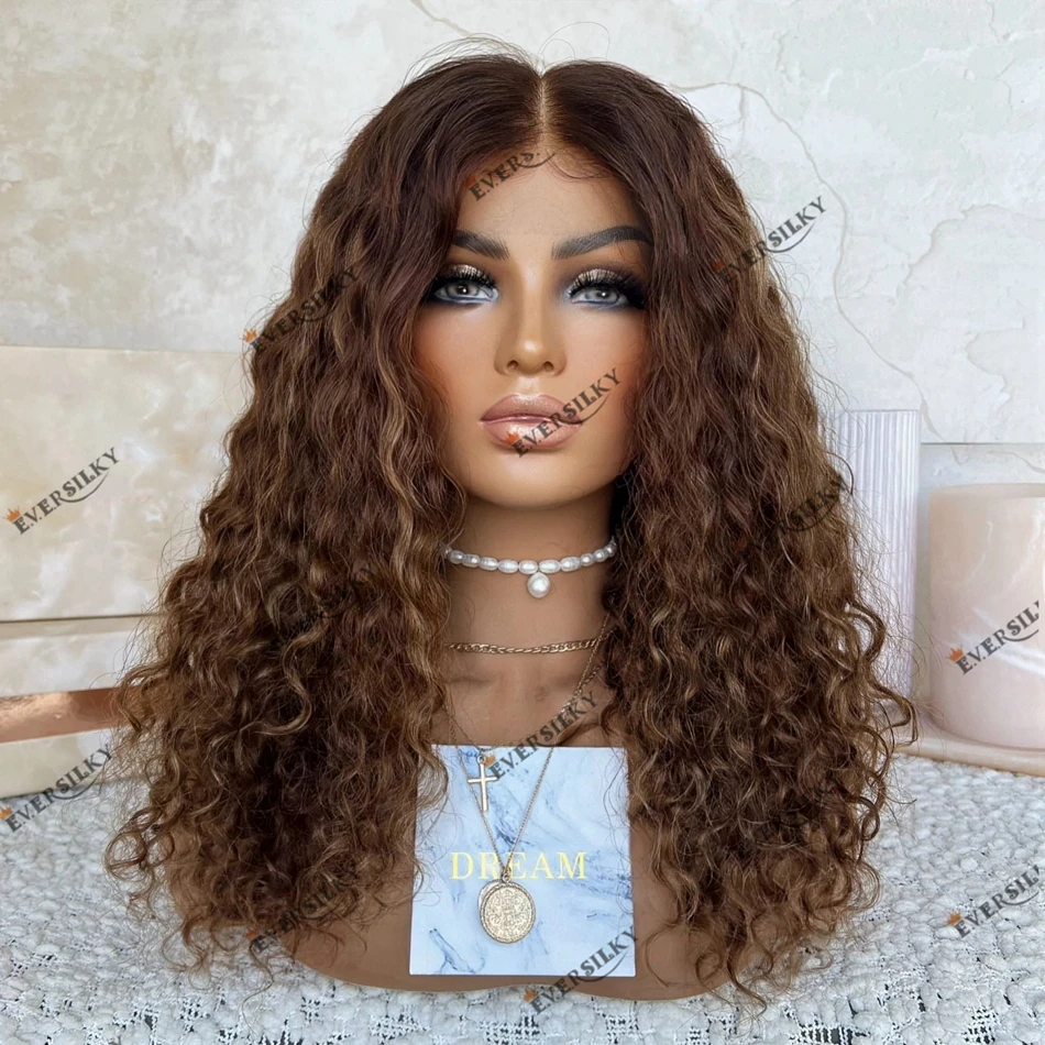 

Kinky Curly Natural Brown Human Hair 13x6 Lace Front Wigs for Black Women with Highlight Pre Pluck Hairline 5X5 Lace Closure Wig