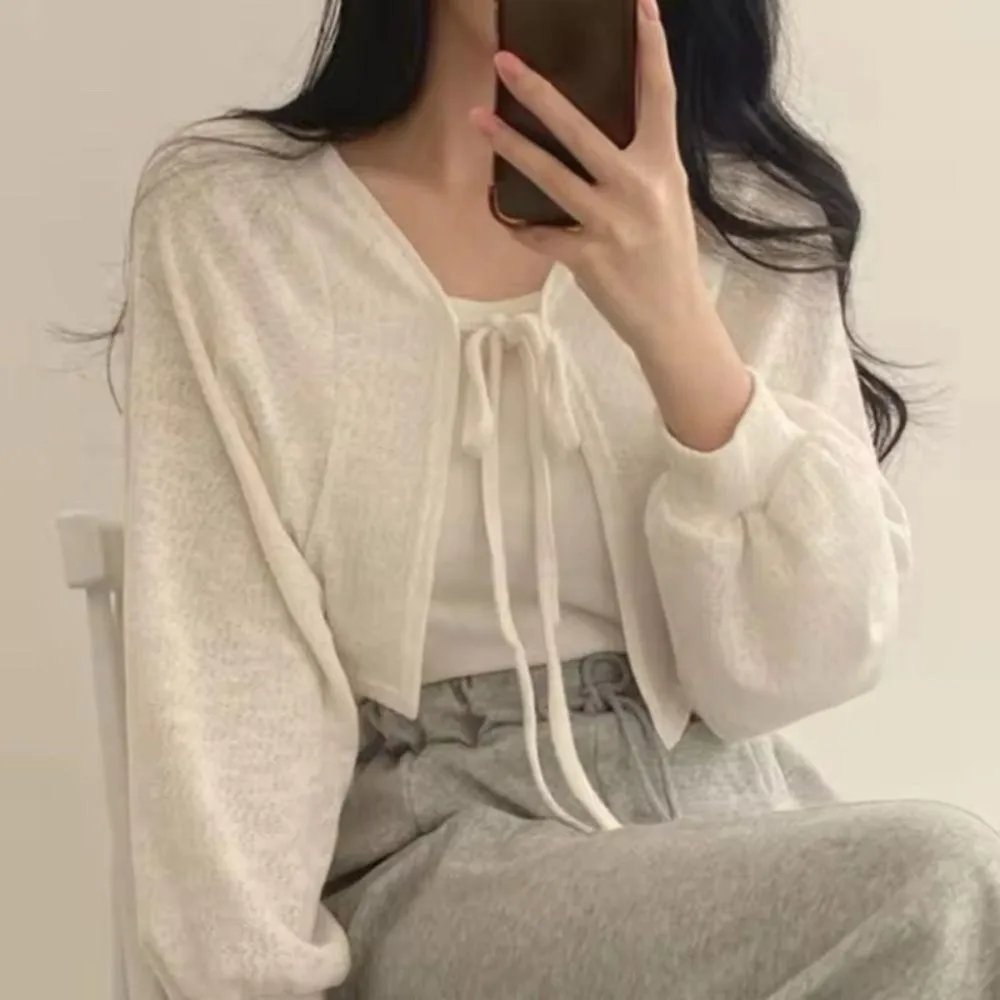 Casual Korean Style Knitted Cardigan Short Lantern Sleeve Raglan Sleeve Knitwear Tops Thin Lace-Up Sweater Shawl Spring Autumn