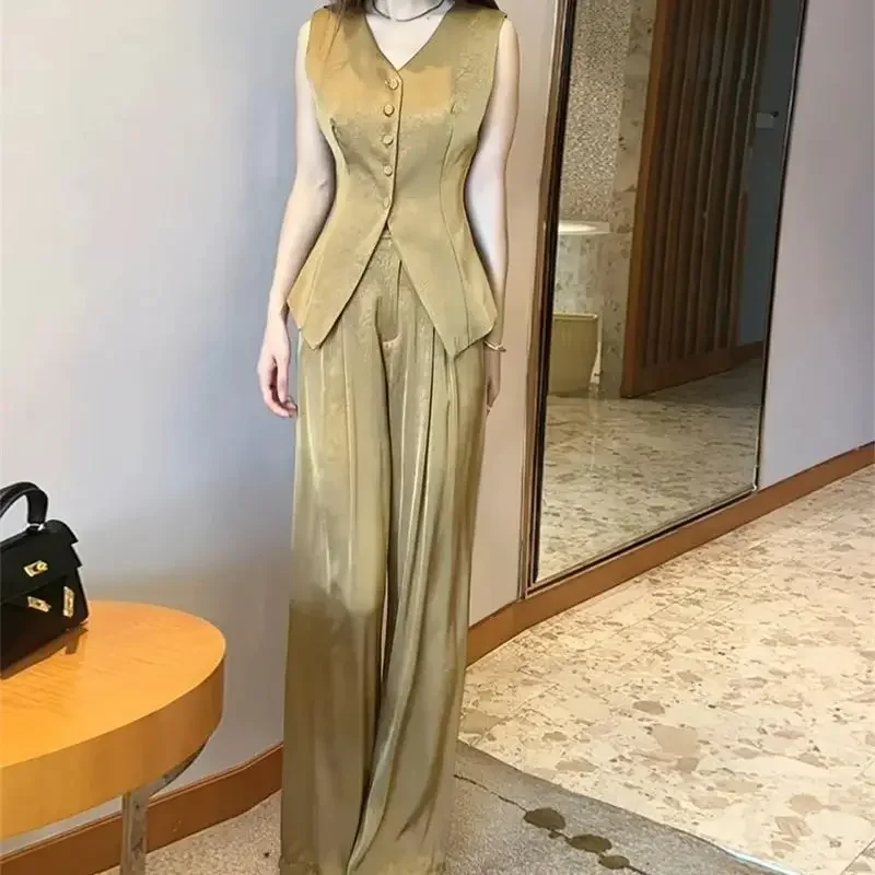 

New Summer Satin Pant Sets Women Elegant V-Neck Sleeveless Slim Vest Top + Pleated Wide Leg Pants Solid Color OL Women's Suit
