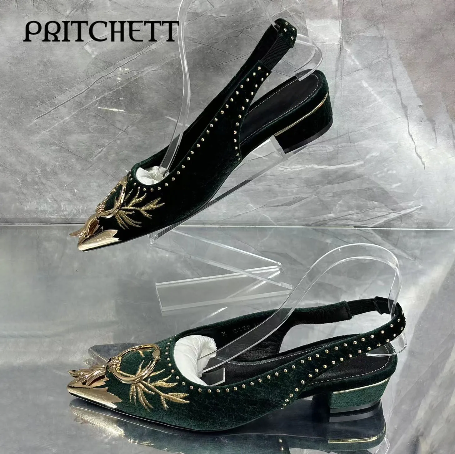 Gold Embroidered Green Suede Shoes Metal Pointed Toe Rings Decorated with Rivets Sandals Fashionable Casual Women's Shoes