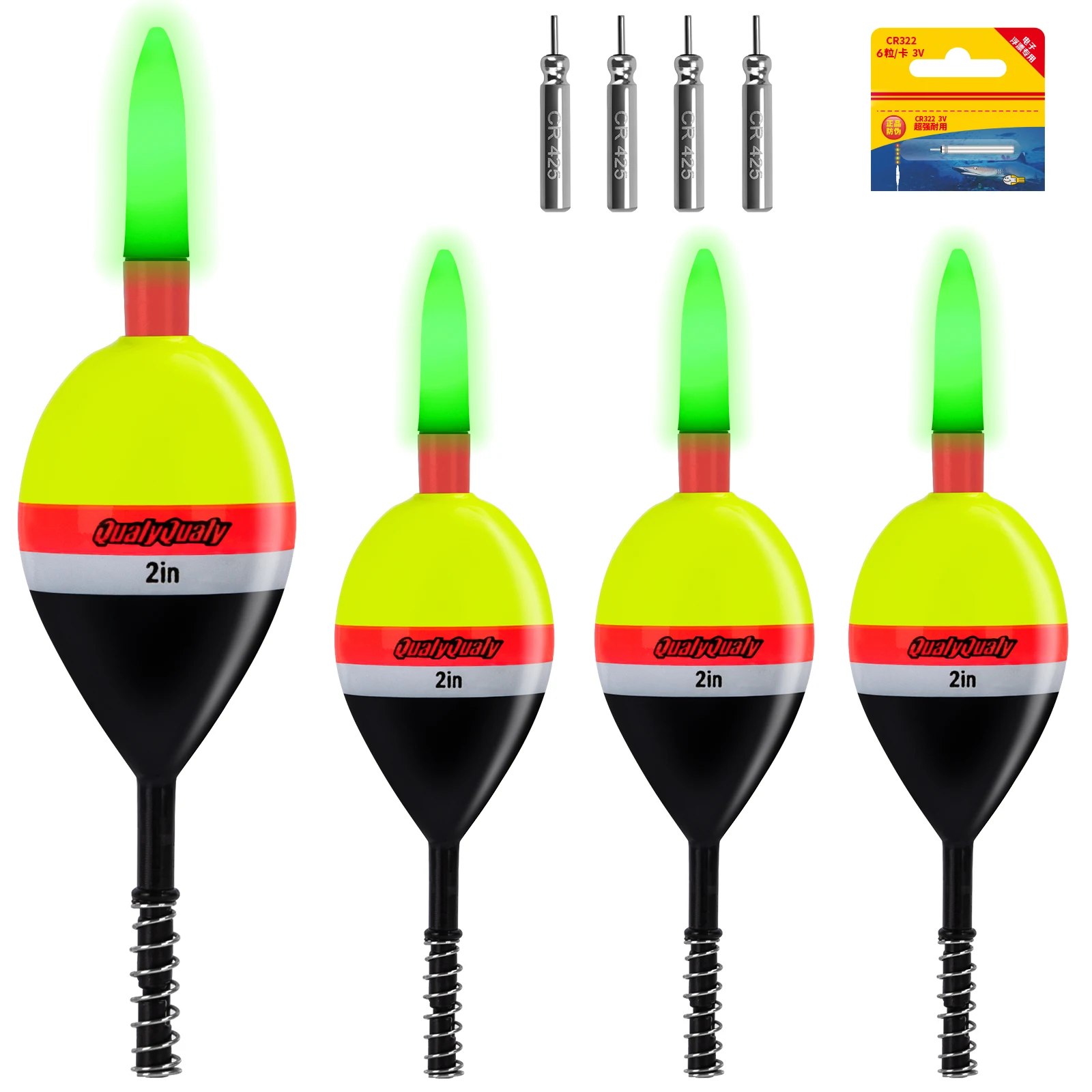 

QualyQualy 4pcs Night Fishing Floats LED Electric Bobbers Luminous Spring Float Freshwater Rock Fishing Buoys CR425 Battery