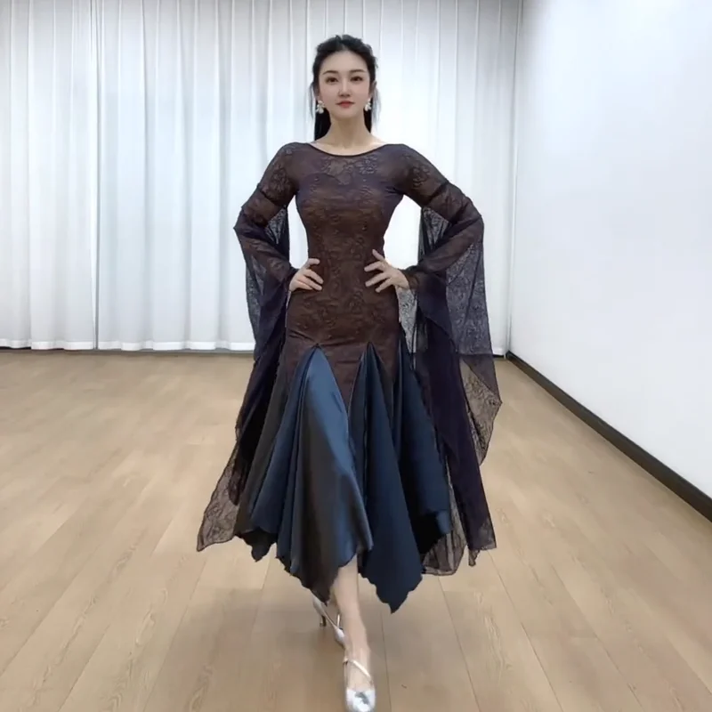 

Платье для бальных танцев 2026, женское, для стандартных танцев, черное, с кружевом, длинными рукавами, для выступлений и тренировок по вальсу, BL18383