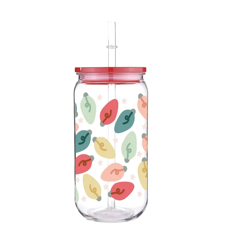 Christmas 16oz Printed PET Cup With Straw Red Lid Colorful Cartoon Design Can Hold Coffee Milk Water Multi Functional Cup image 3
