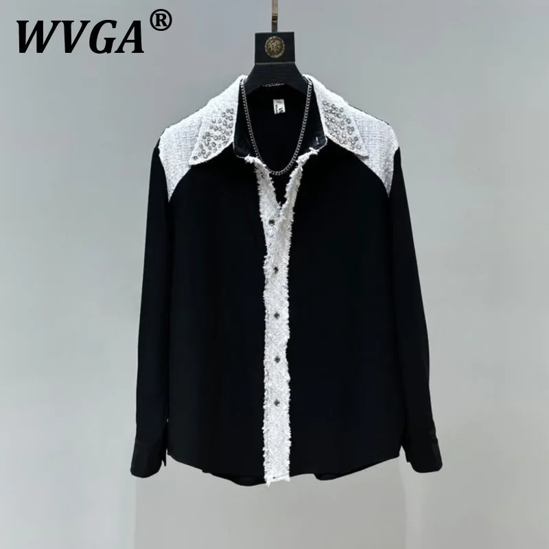 

WVGA Tops Spring Autumn New Man Patchwork Diamond-Studded Trendy Niche Chic Casual Padded Shoulder Long Sleeve Shirt Ins W11606