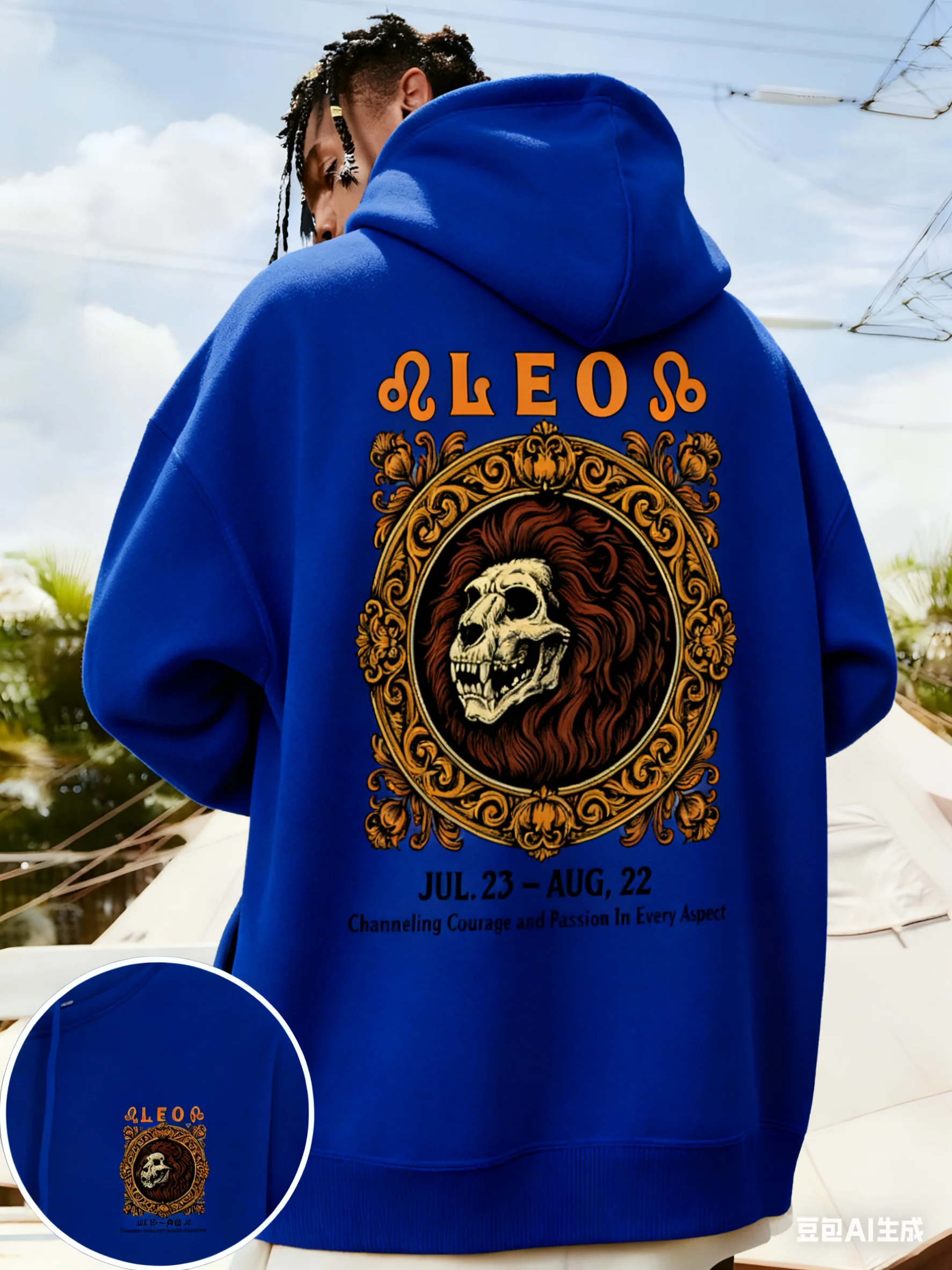 سويت شيرت بقلنسوة رياضي برسومات ليو زودياك لعام 2025 - بلوفر شتوي سميك مع رأس أسد ليو وحروف ليو #3