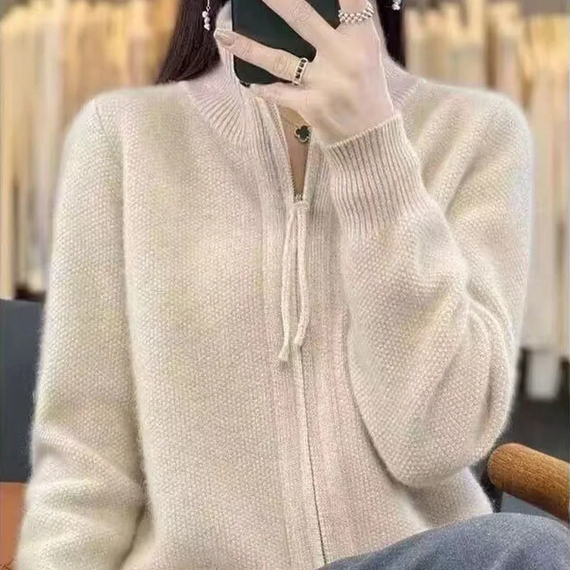 

Women's 100% Merino Wool Knitting Sweater Turndown Collar Cardigan Autumn/Winter Thick Tops Cashmere Double Zipper Soft Jacket