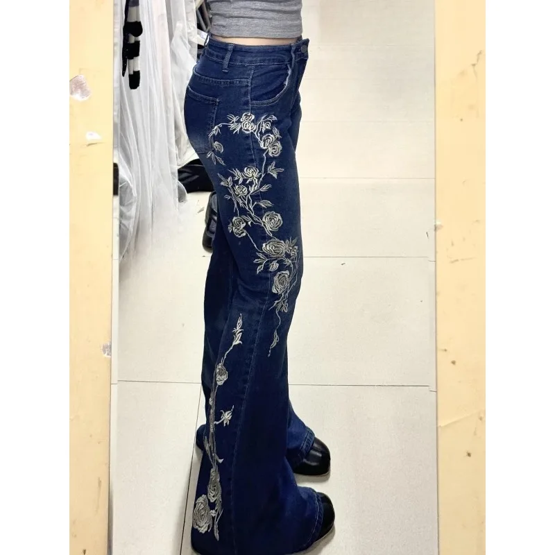 

Синие джинсы в американском ретро-стиле с персонализированным цветочным принтом, высокая талия, облегающие, для создания эффекта «мопинг», модные брюки в стиле хип-хоп