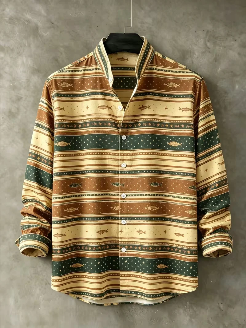 New Men's Little Fish Star Retro Horizontal Stripe Composite 3D Printed Long Sleeve Shirt Travel Top Clothing