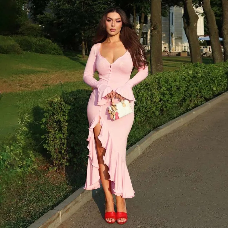 

Tuularose Pink Ruffle Dress Sexy V Neck Ruffle Slit Pleated Long Dress Elegant Summer Luxury High Waisted Women Evening Dresses