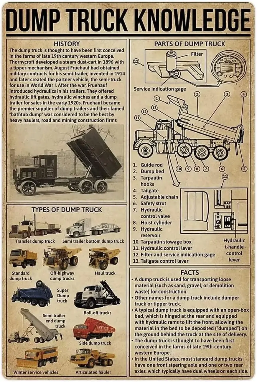 Plaque Murale Métallique Vintage en Aluminium sur le Thème des Camions Benne, Affiches Infographiques sur les Camions Benne, Guide du Conducteur de Camion, Panneau Décoratif