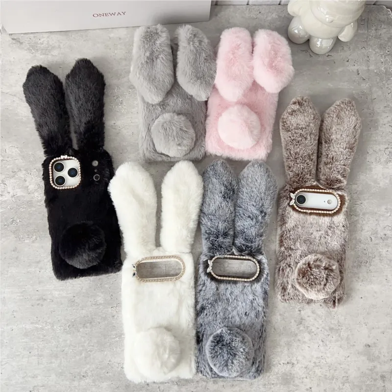 Coque de téléphone 3D en peluche avec oreilles de lapin mignonnes pour iPhone 17 Pro Max 16 15 14 13 12 11 Pro Max Plus Mini 17 Air – Housse chaude et moelleuse en fourrure de lapin
