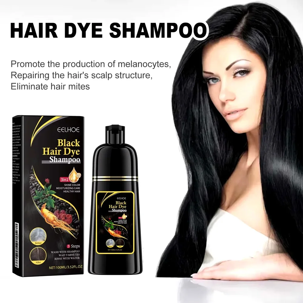 EELHOE Black Hair Dye Shampoo 3 in 1 Growth Clean Hair Darkening Deep Nourishing Black Hair Dye Shampoo Natural Organic Herbal