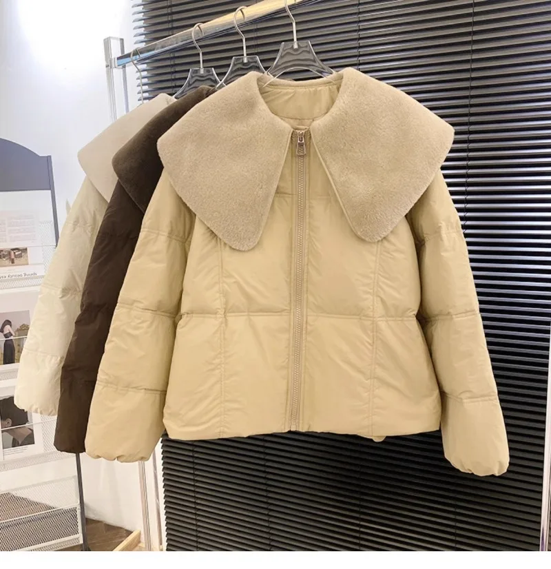 2024 Winter New Doll Collar Lamb Wool Short Temperament Fashionable White Duck Down Jacket For Women