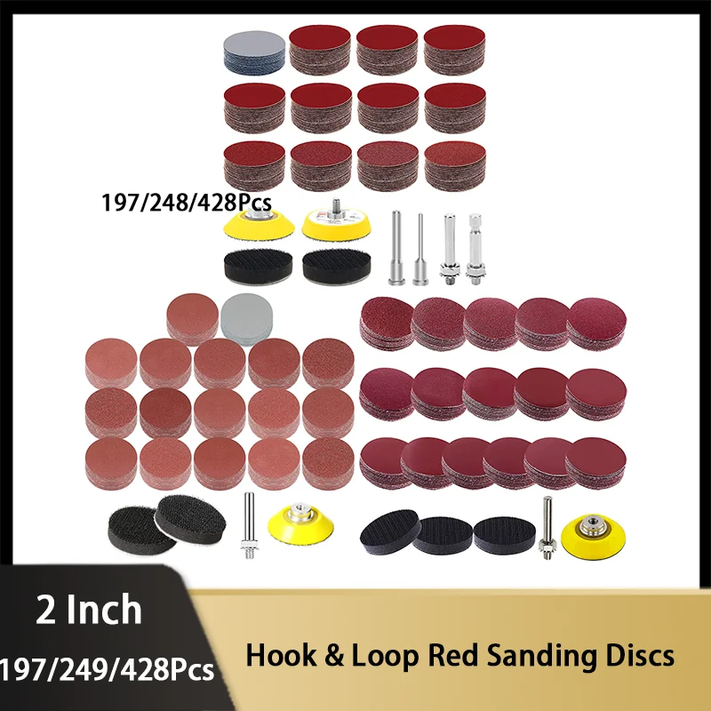 

2-дюймовый набор красной наждачной бумаги 197/248/428 шт. с подложкой, интерфейсная накладка, насадка для роторной шлифовальной машины, шлифовальные подушечки по дереву