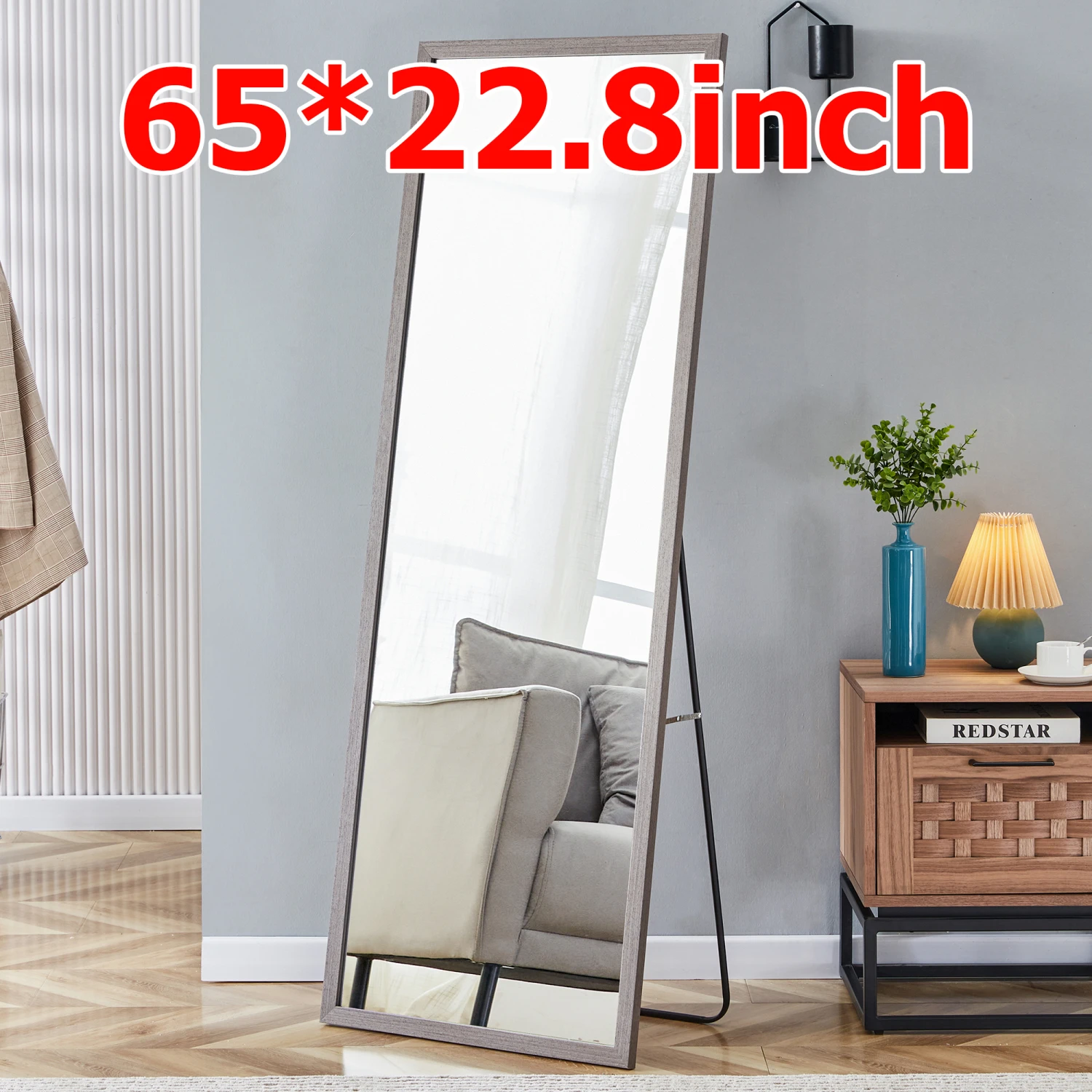 

Third generation packaging upgrade, thickened frame, gray wood grain solid wood frame full-length mirror, dressing mirror, bedro