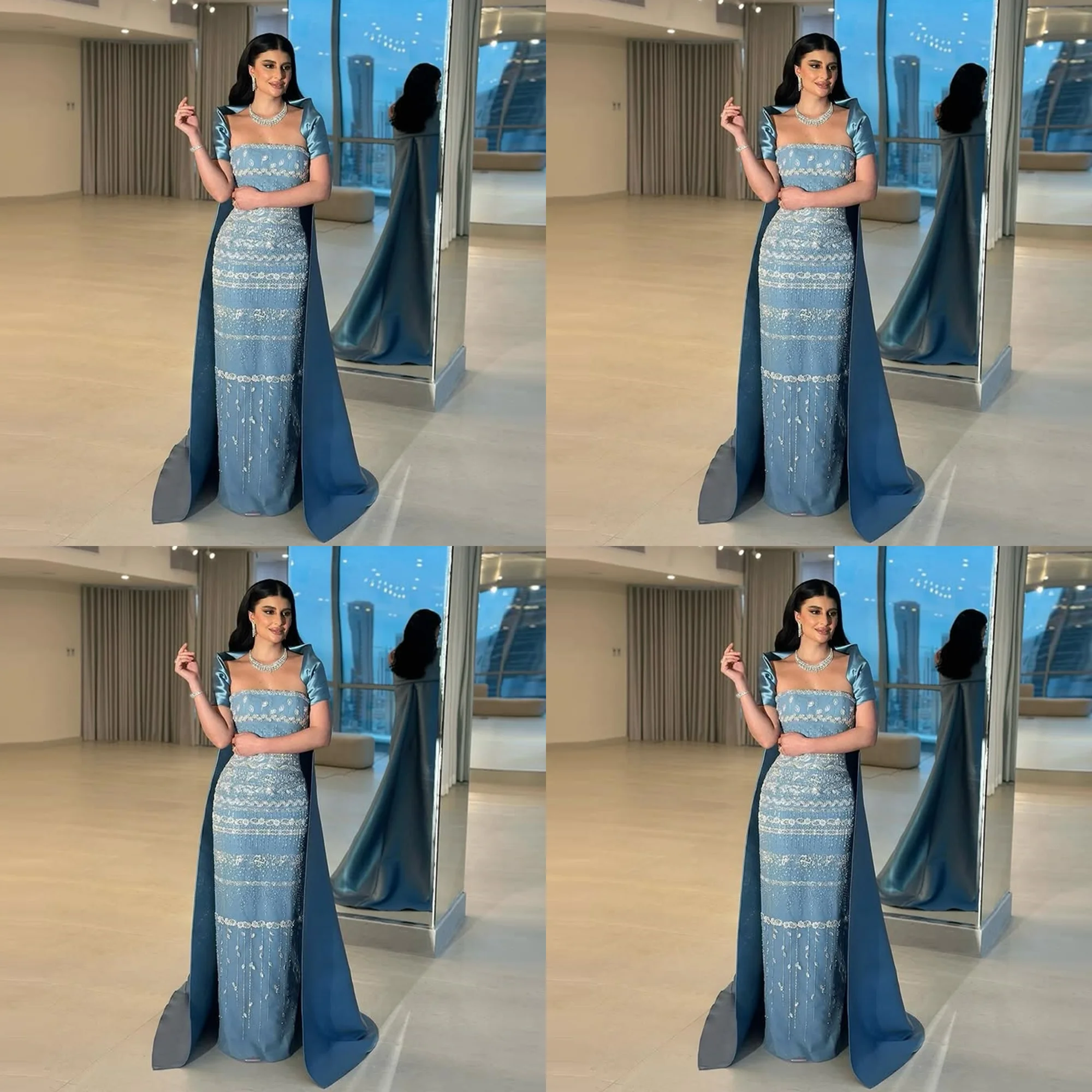 

Fantastic Boat Collar Beaded Crystal Sheath Saudi Party Dress Sparkly Backless Long Evening Gown with Chapel Train Custom Made