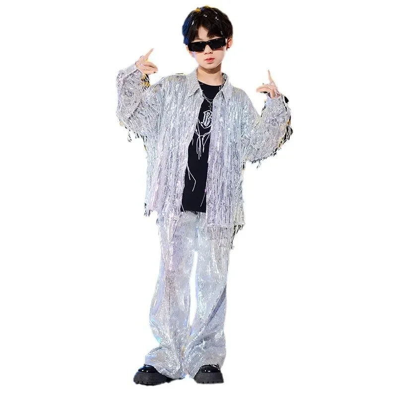 Jazz Dance Costume Girls Sequin Tassels Coat Shorts Kids Hip Hop Performance Sets Catwalk Fashion Wear Festival Outfits
