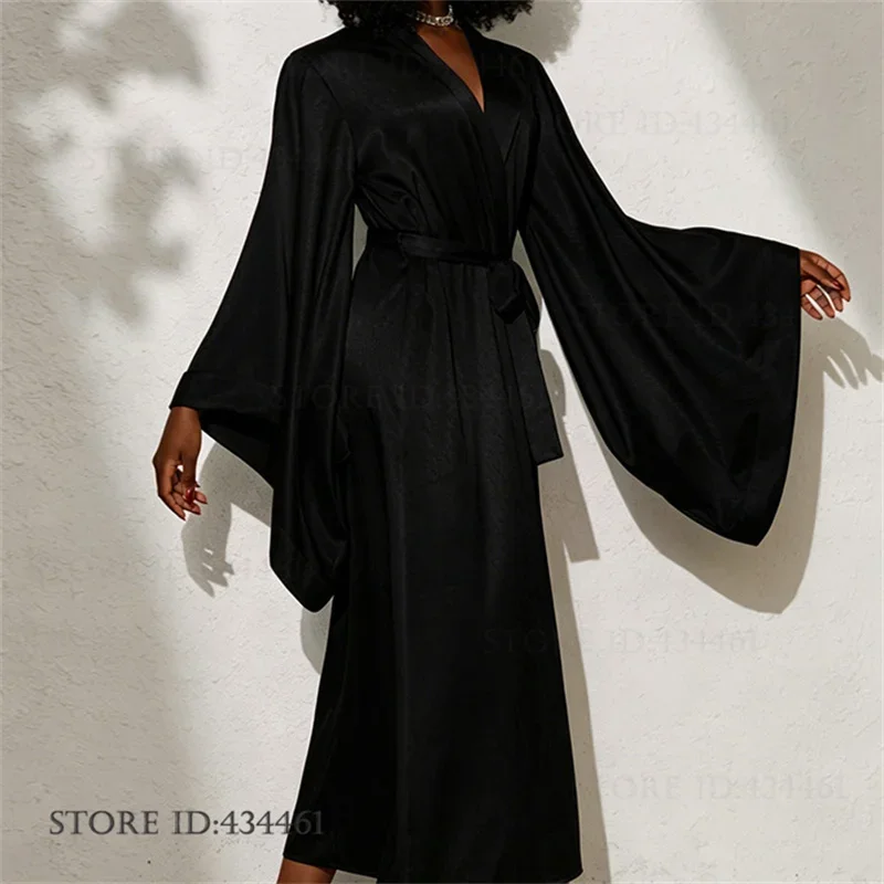

Ice Silk Black Long Robe Women's Sleepwear Home Dress Elegant French Style Bathrobe Nightwear Loose Casual Satin Loungewear