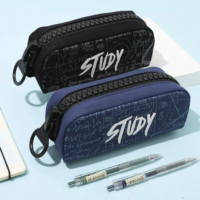 Large Capacity Canvas Pencil Case with Study Formula Print - Durable Zipper Storage Bag for School, College, Office Supplies - Black and Navy Blue, Pencil Bag