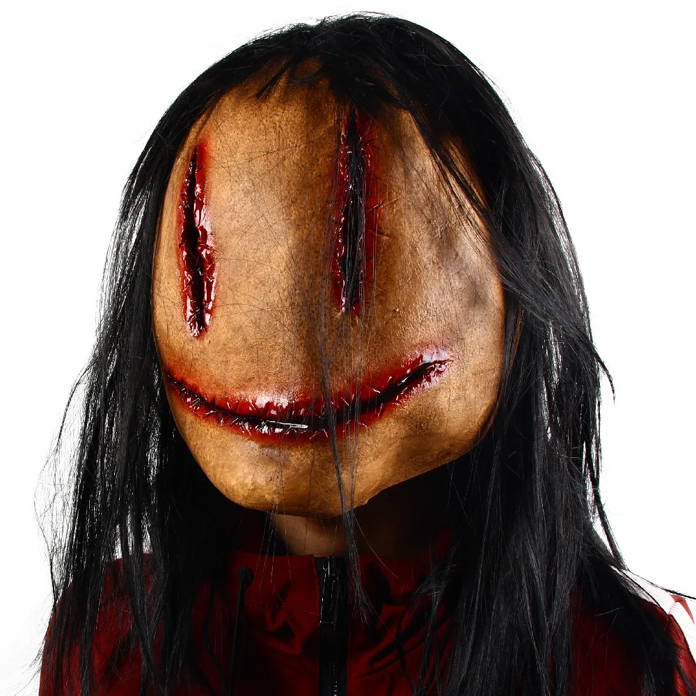 Horror Devil Mask with Long Hair,Scary Challenge Games Evil Costume Halloween Creepy Cosplay Party Decoration Props