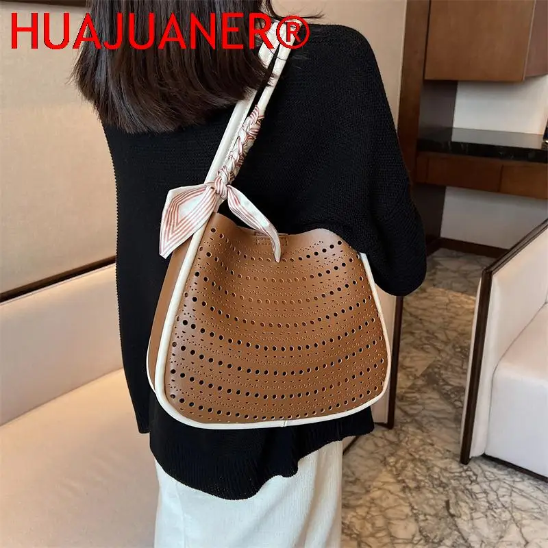 Hollow Design กระเป๋าสะพายไหล่ชุดผู้หญิง Syal Sutra Decor Tote Shopper พร้อมกระเป๋าถือขนาดเล็ก2023ฤดูร้อนขนาดใหญ่ความจุกระเป๋า Hobo