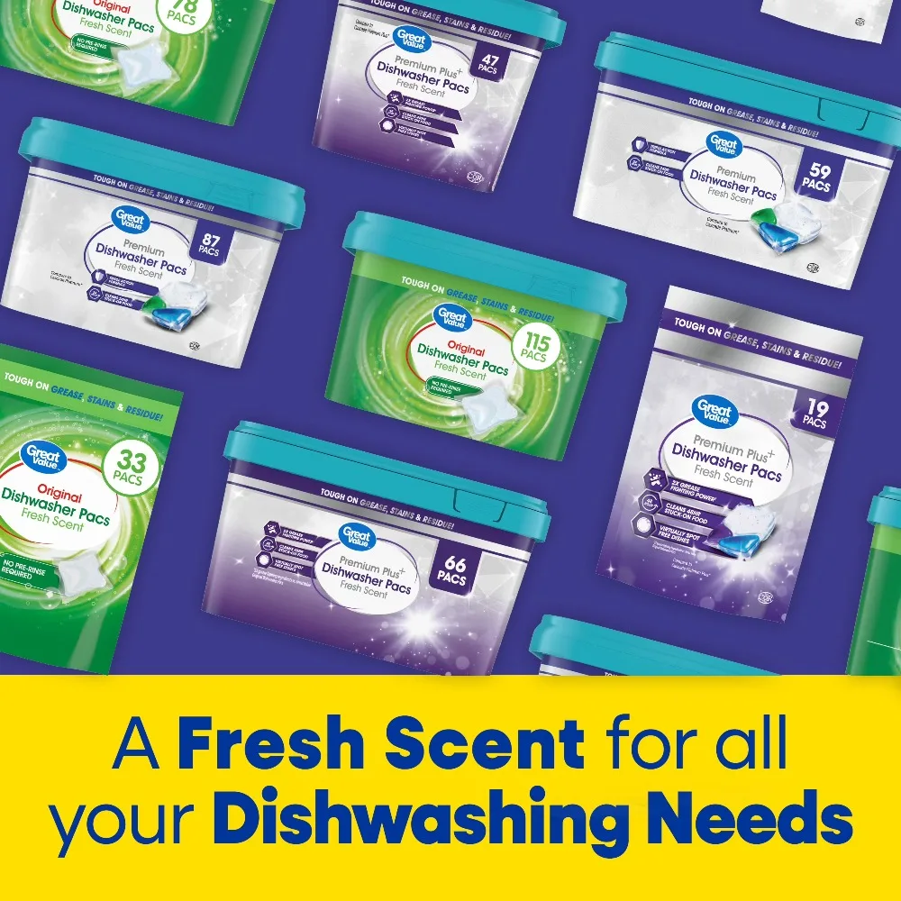 Great Value Premium Dishwasher Pacs, Fresh Scent, 59 Count