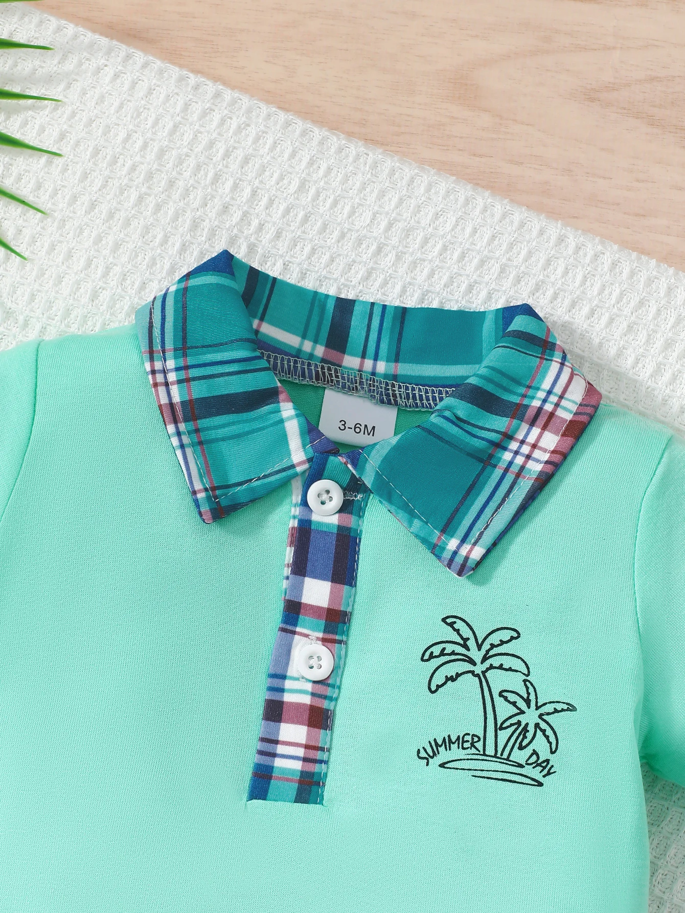 Summer  0-1  Years  Old   Infant  Baby  Boys   Short  Sleeved  Lapel  Top  And  Plaid   Printed Shorts  Casual   2-Piece  Set