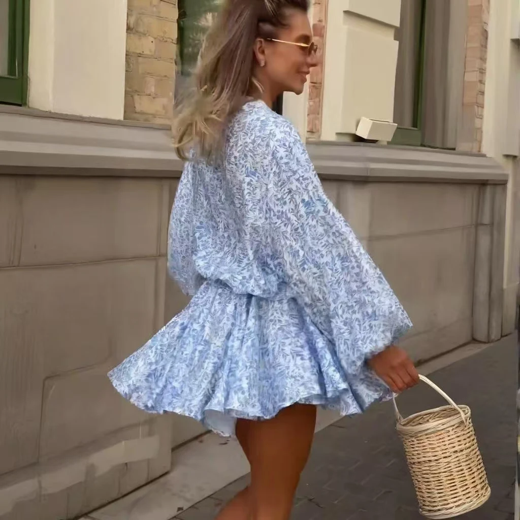 Faionable Casual losse bloemenprint Enkele knop Veters Dr Hoge taille A-lijn rok Lange Sve Zomer Dames Dr