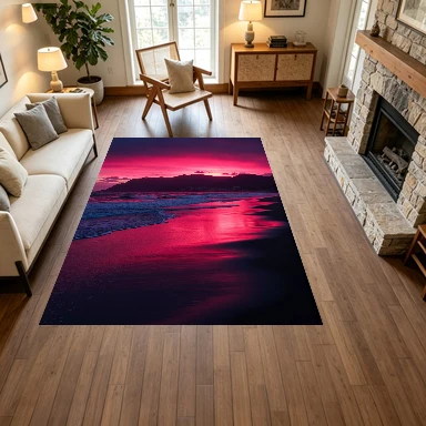 Neon Red Pink Glitch Ocean Cliff Sunset Carpet Flooring, Psychedelic Scenery Non-Slip Area Rug for Living Room Bedroom Home Decor