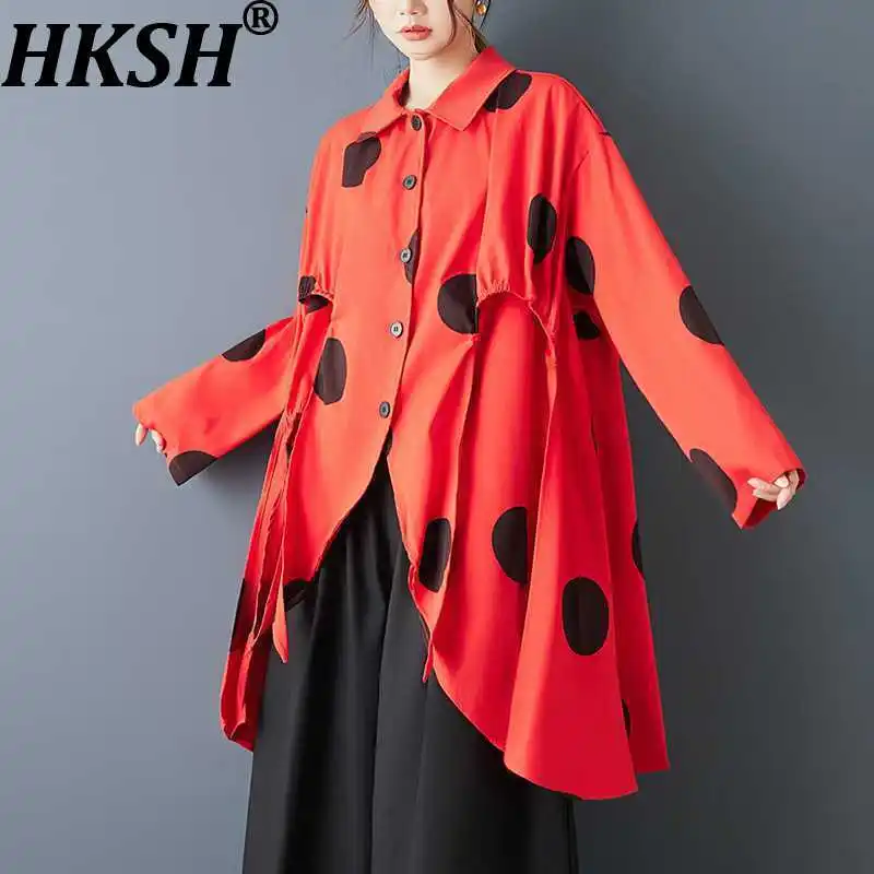 

HKSH Spring Autumn New Women Shirt Oversized Dot Printed Irregular Niche Design Long Sleeves Single Breasted Casual Tops HK17911