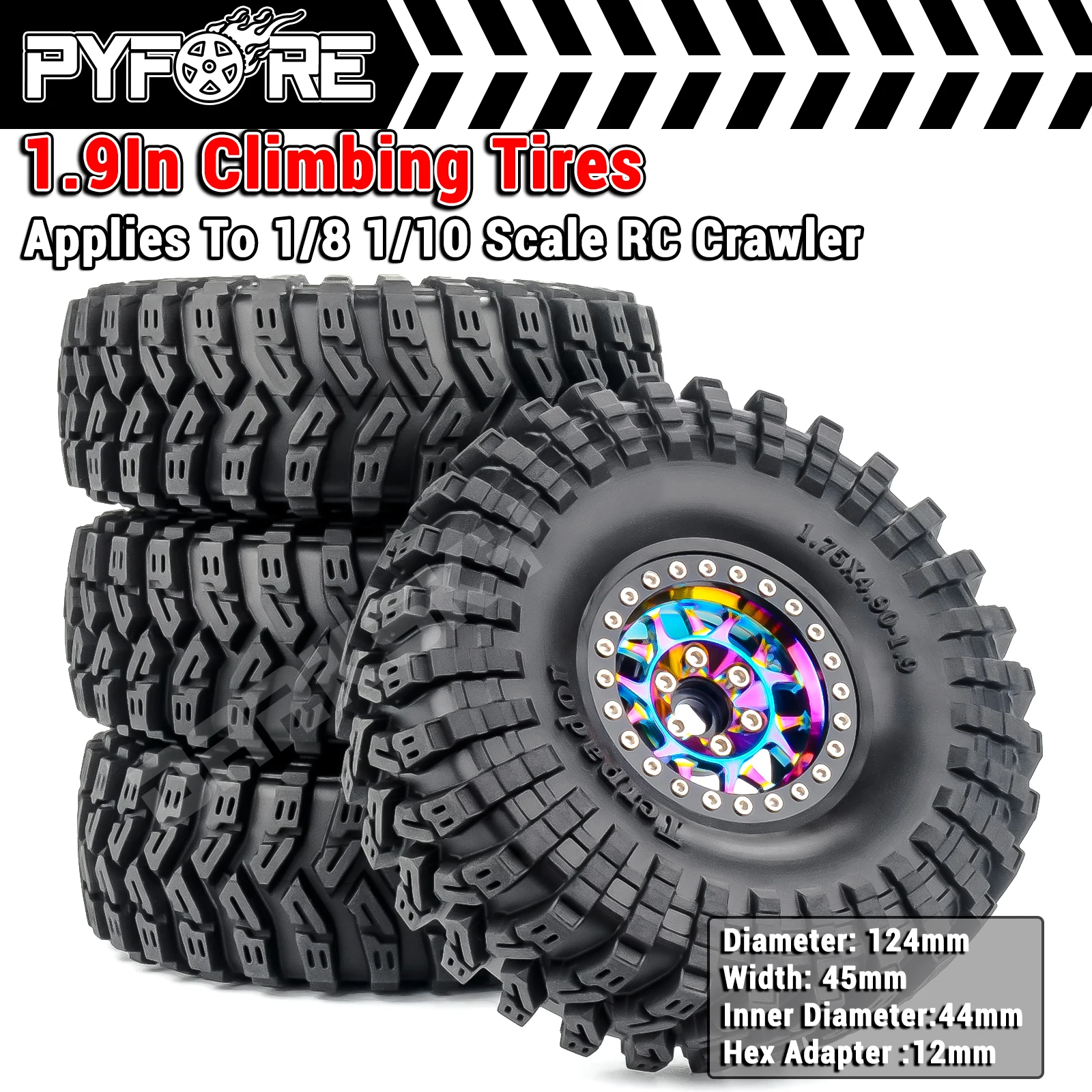 

PYFORE 1.9In Climbing Tires Metal Wheel Hub 124x45mm Hex Adapter 12mm for 1/10 RC Model Car Crawler Accessories