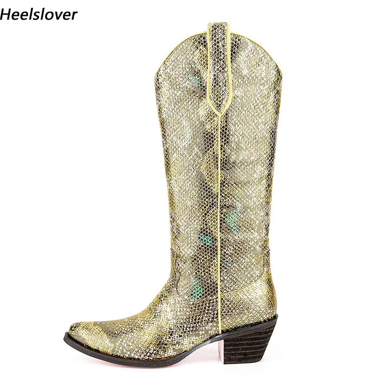 

Ahhlsion/Новые модные женские зимние ботинки до середины икры со змеиным массивным каблуком, золотистая повседневная обувь с острым носком, женские размеры США 5-15