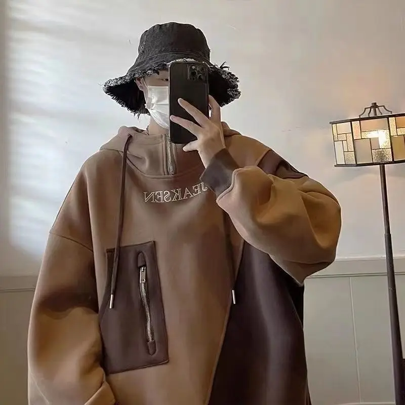 Original autumn new design half zip sweatshirt men hooded American retro trendy brand jacket niche couple wear top sweatshirt