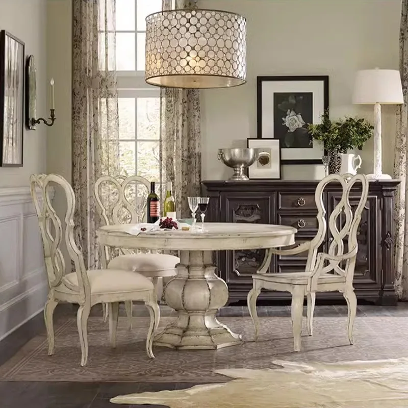 American antique white solid wood dining table high-end restaurant household round dining table six people eating table
