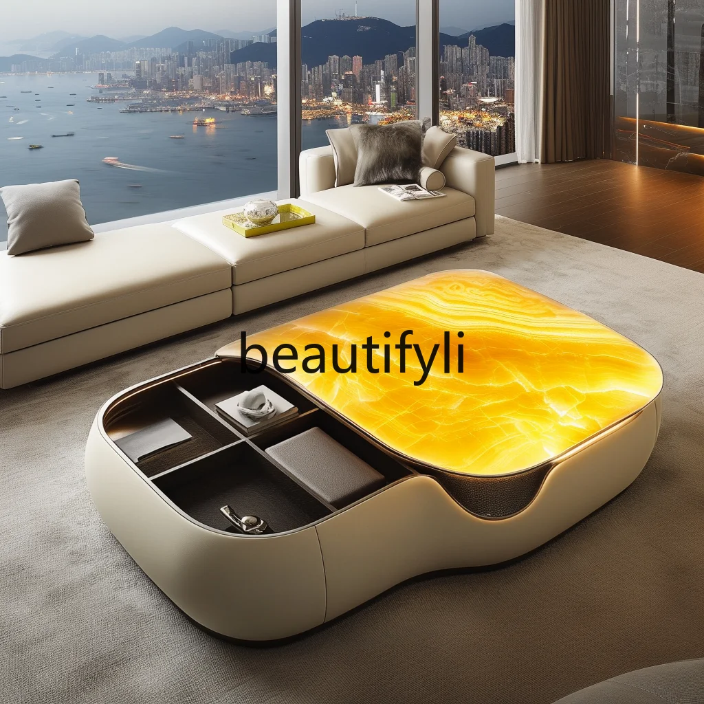

Leather luminous jade luxury stone coffee table living room square modern design luxury stone light luxury villa