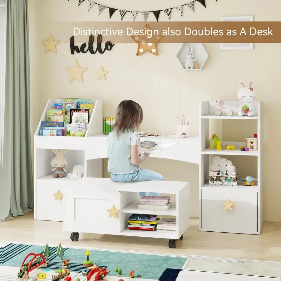 55 Kids Bookshelf with Reading Nook, Kids Bookcase with Desk and Toy Storage Drawers, 6 Storage Cubbies and Storage Cabinet with