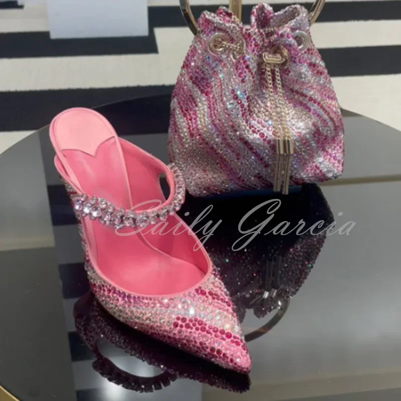 Candy Pink Satin Mules Pointed Toe Crystal-Embellished High Heel Pumps Women Bling Bling Elegant Wedding Party Dress Slippers