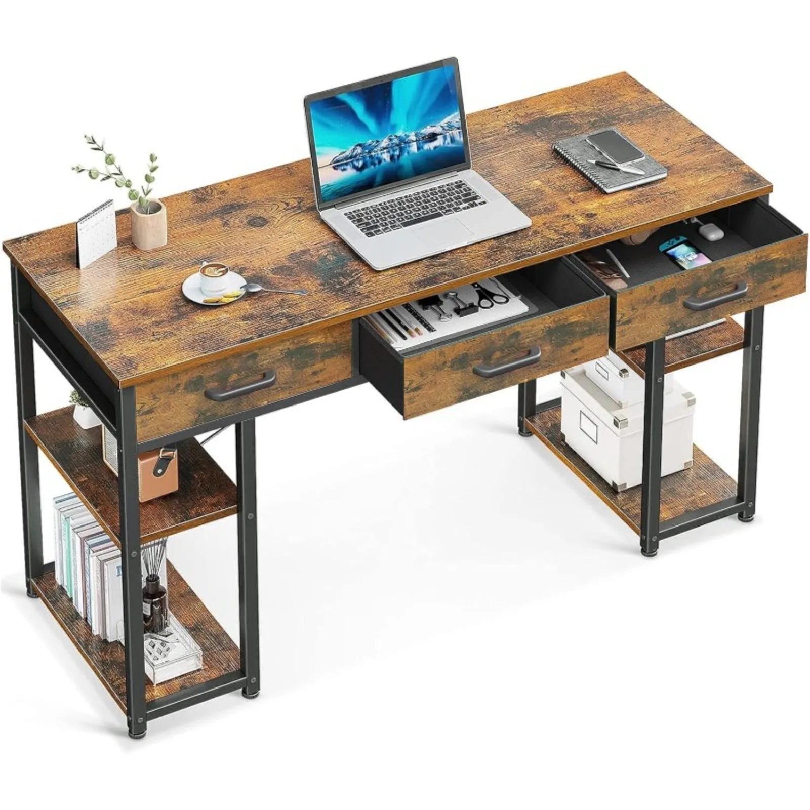 

US Office Small Computer Desk: Home Table with Fabric Drawers & Storage Shelves, Modern Writing Desk, Vintage, 48"x16"