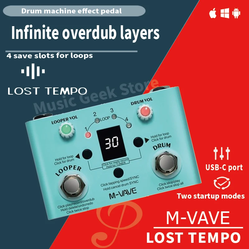 

M-VAVE LOST TEMPO Drum & Looper Pedal, 2-in-1 Effect Pedal, 30 Drums, 11 Mins Recording Time, 4-Mode Tuner, Double Footswitch