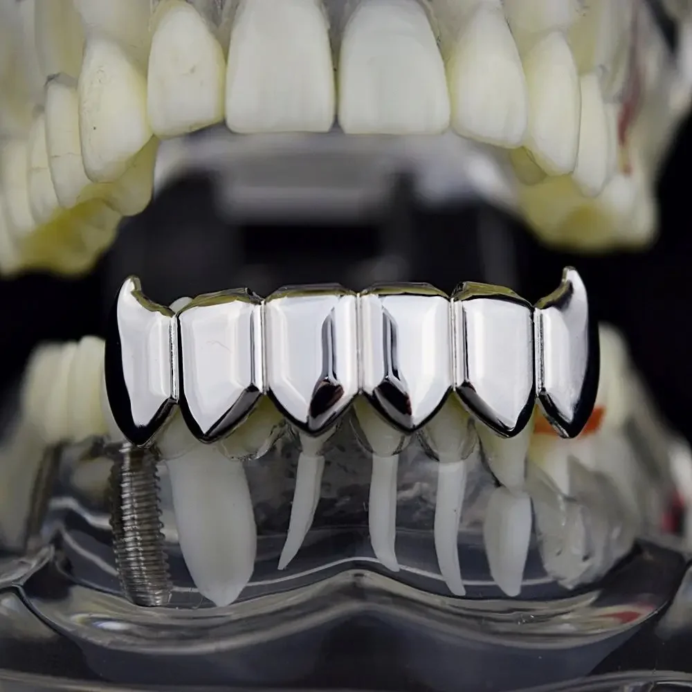 Gold Silver Plated HIP HOP Teeth Grillz Top & Bottom Grills Set With Silicone Real Shiny Vampire Tooth Sets