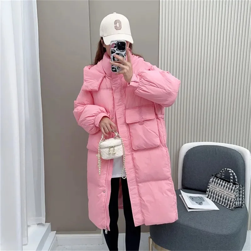 Long Down Cotton Jacket For Women Long 2024 new Korean Version Loose Hooded ParkaThick Winter Cotton Coat Outerwear Pink White