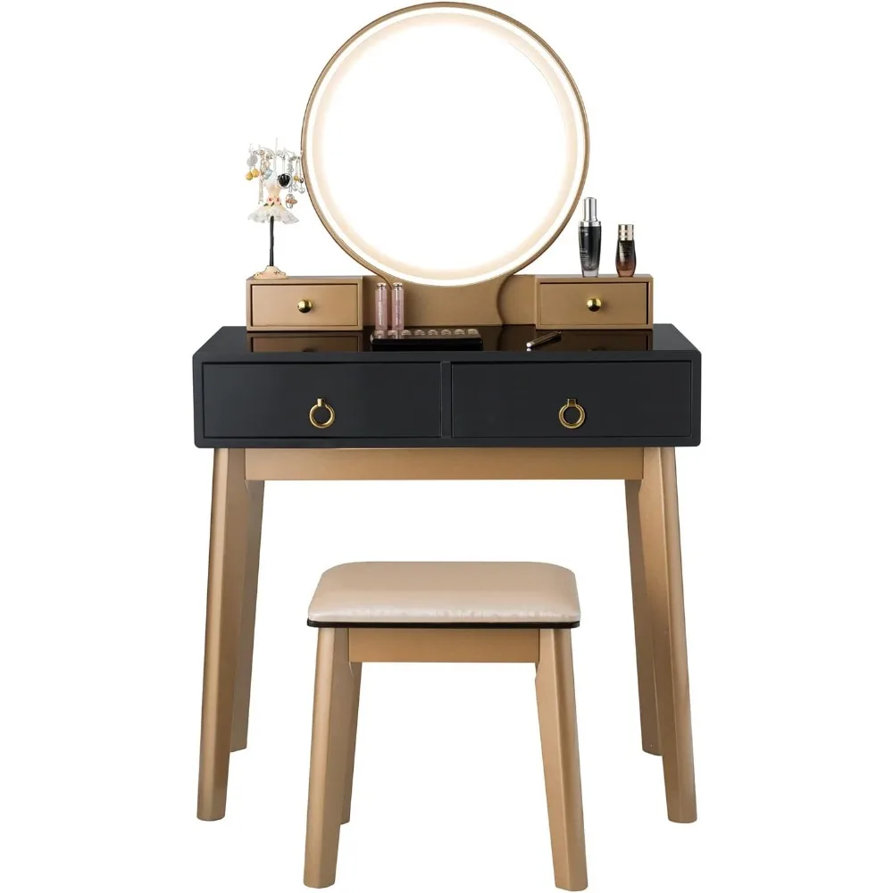 

Vanity Table Set with LED Lighted Mirror, Makeup Dressing Table Set with 3 Color Lighting Modes & Adjustable Brightness,
