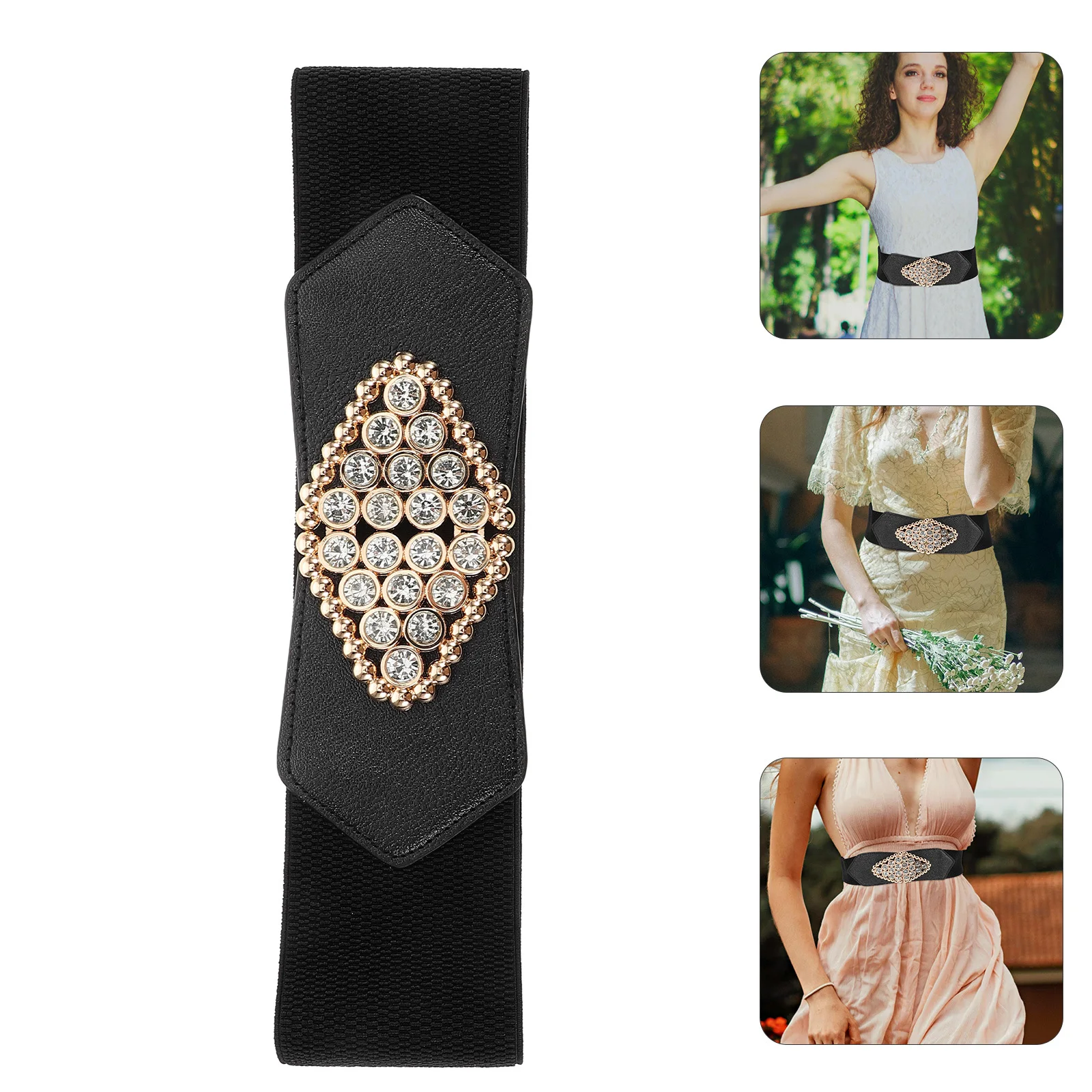 

Women Wide Waist Elastic Belt Black Floral Pattern Stretchy Waist Cincher Dress Coat Accessory Vintage Elastic Belts